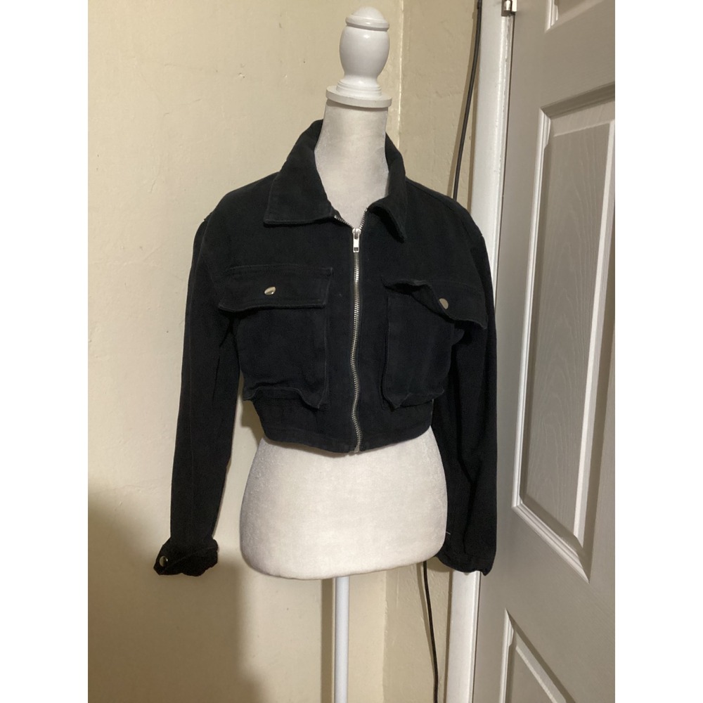 Superdown Black Cropped Denim Jacket Long Sleeve Button Pocket Women's Small - Picture 2 of 6